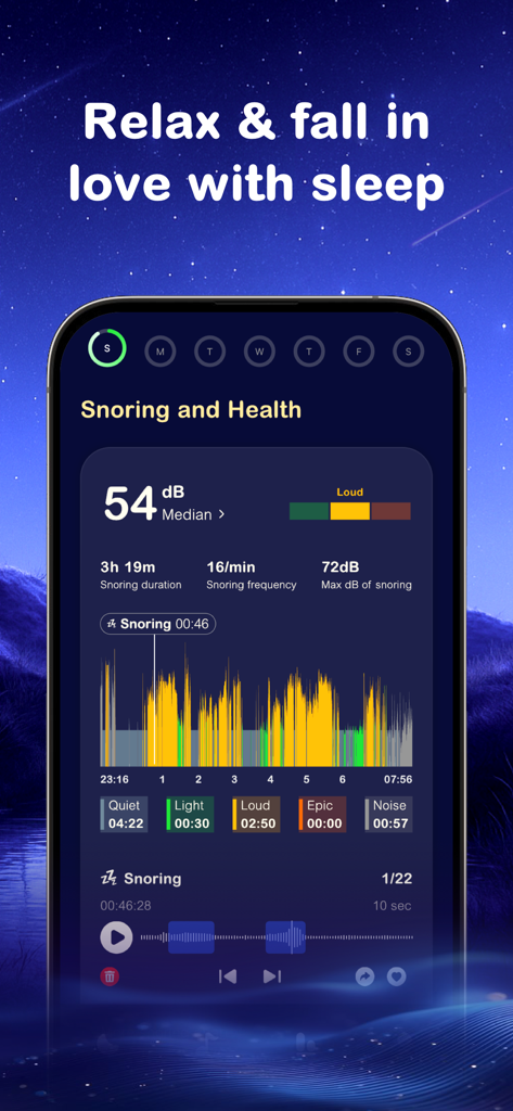 SleepMo-Tracker&Sound&Relax - SleepMo app interface displaying snoring health data and decibel analysis