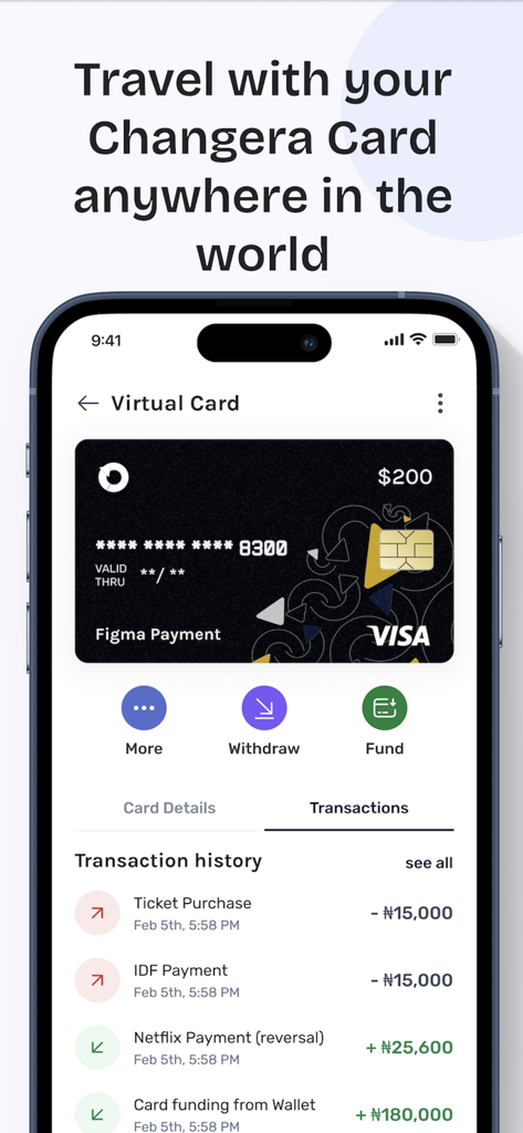 Mobile Benutzeroberfläche der Changera-App, die eine virtuelle Visa-Karte und die Transaktionshistorie mit Einträgen in mehreren Währungen zeigt