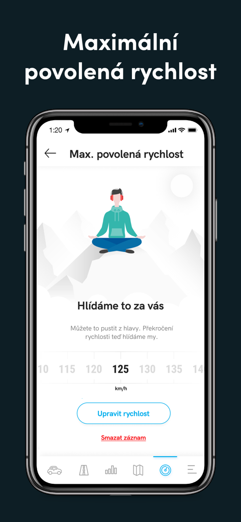 GlobalSec - GlobalSec app screen for setting maximum allowed vehicle speed with a peace of mind illustration.