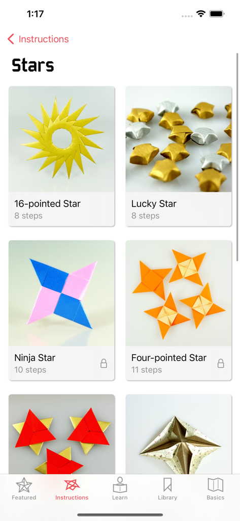 Origami - Fold & Learn - A screen from the Origami app displaying various star folding patterns with step counts