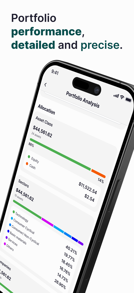 Zad Fintech - Zad Fintech app interface showing portfolio analysis and asset allocation by sector