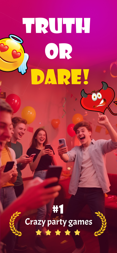 Un grupo de jóvenes riendo y usando una aplicación móvil de verdad o reto en una fiesta con globos