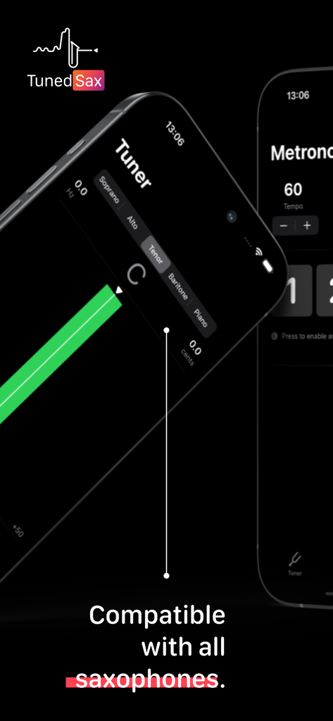 TunedSax: Pro Saxophone Tuner - Professional saxophone tuner app interface with settings for soprano alto tenor and baritone saxophones