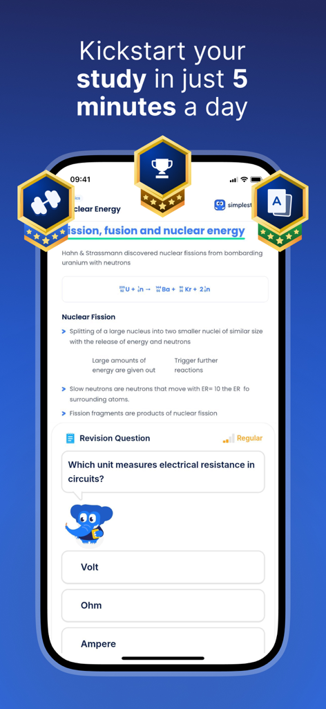 SimpleStudy: Exams & Revision - SimpleStudy app interface showing a physics lesson on nuclear energy and a multiple-choice revision quiz.