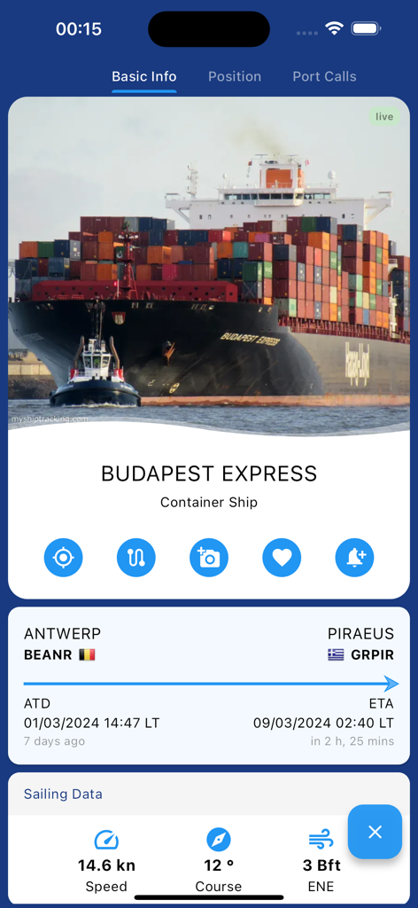 Real-time vessel details and sailing data for a container ship in the MyShipTracking app