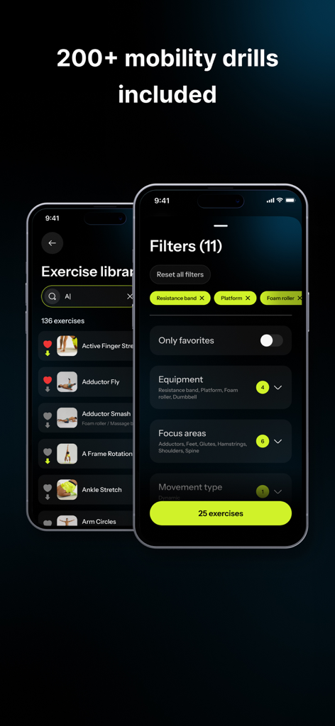 Screenshot of the Limber app showing a searchable exercise library and filter options for equipment and focus areas.