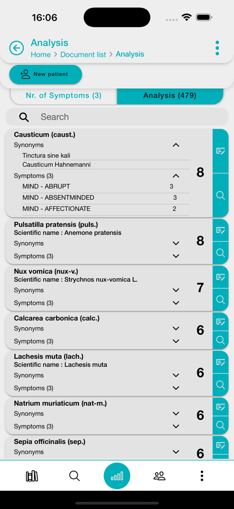 Pantalla de análisis de la app OpusGo mostrando una lista de remedios homeopáticos y datos de síntomas para uso clínico
