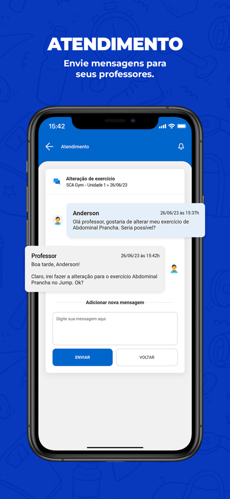 SCA Aluno - Pantalla de la app SCA Aluno que muestra una interfaz de mensajería entre un estudiante de gimnasio y un instructor