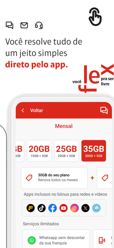 Interfaccia dell'app mobile Claro flex che mostra diversi piani dati mensili 5G e benefici sui social media.