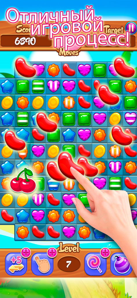 Gameplay screenshot of Candy Match 3 mobile puzzle game featuring colorful sweets and logic game interface.