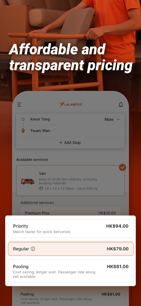 Lalamove app interface showing transparent pricing for different delivery priority levels