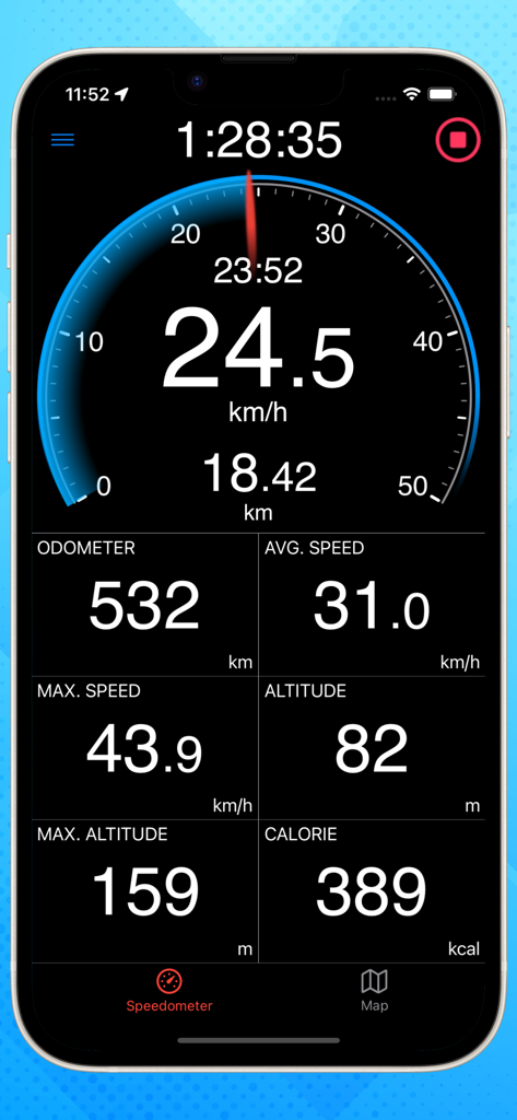 Bike Computer - Cycling - Bike Computer cycling app speedometer dashboard showing ride statistics like speed distance and calories