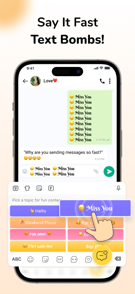 Font & Emoji Keyboard: FotoAI - Um smartphone mostrando o recurso Text Bombs no aplicativo Teclado de Fontes e Emojis FotoAI, onde várias mensagens 'Miss You' são enviadas rapidamente em uma fonte estilosa.