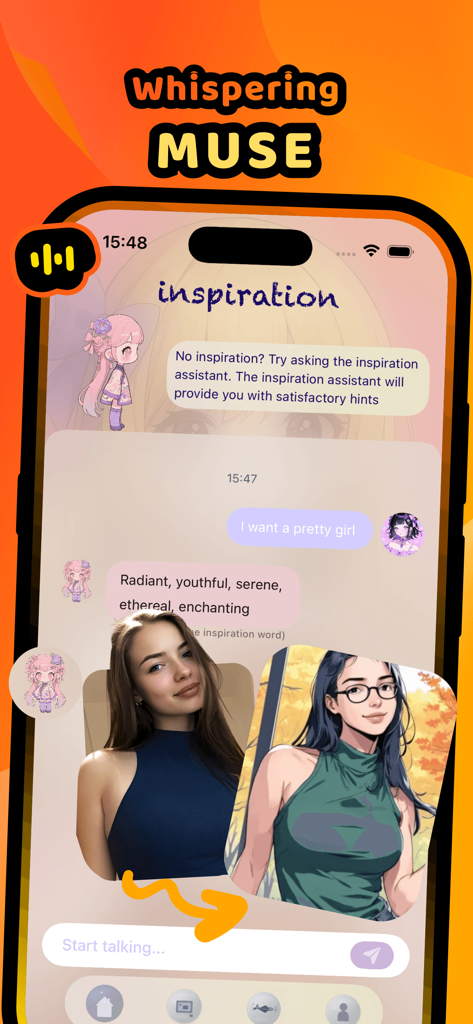 Uma interface de chat mostrando o assistente de inspiração de IA sugerindo palavras-chave para criar arte de anime a partir de uma foto