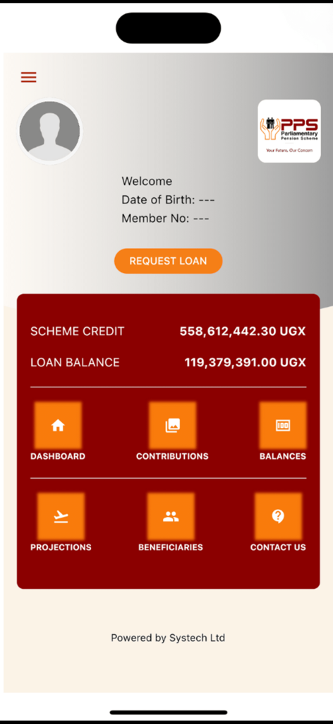 PPS Member App - Dashboard interface of the PPS Member App showing pension credit and loan balance
