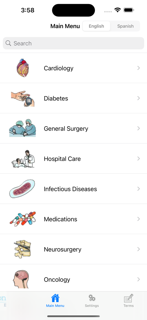 Main menu of the X-Plain app showing various medical specialties for patient education including Cardiology and Diabetes.