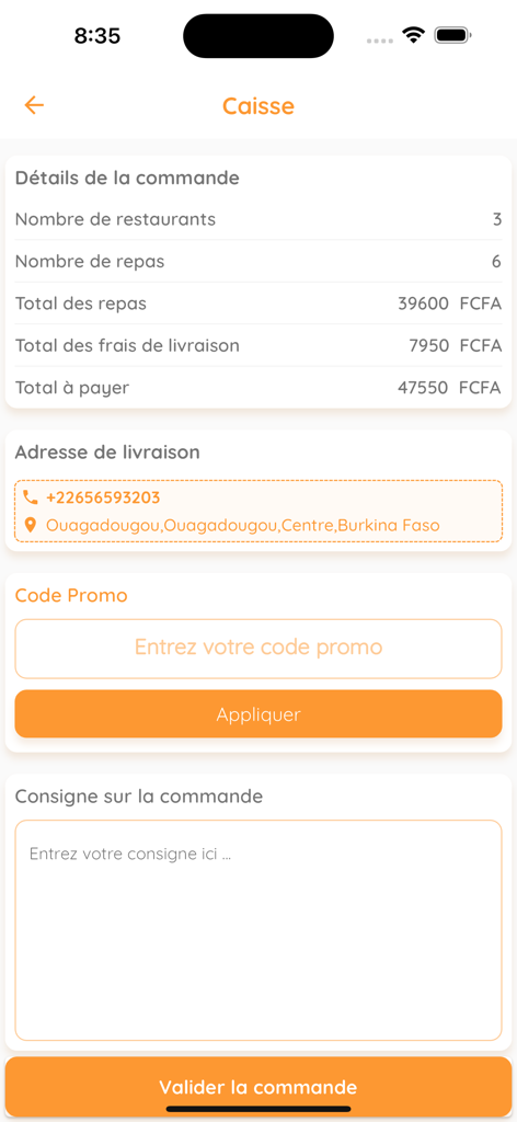 Interfaccia di checkout dell'app mobile Bonbiz Food che mostra il totale dell'ordine e l'indirizzo di consegna.