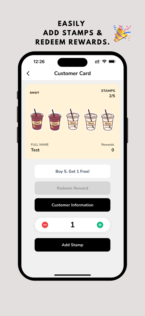 Digitale Loyalty-Karten-Oberfläche in der Beloyal-App mit Kaffeestempeln und Prämieneinlösung-Optionen
