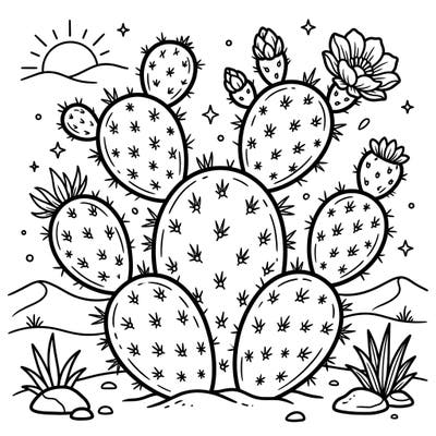 Introduce your child to the wonders of the desert with this delightful Opuntia cactus coloring page. Perfect for kids aged 4-8, it features friendly segmented pads and blooming flowers, ready for a splash of color.