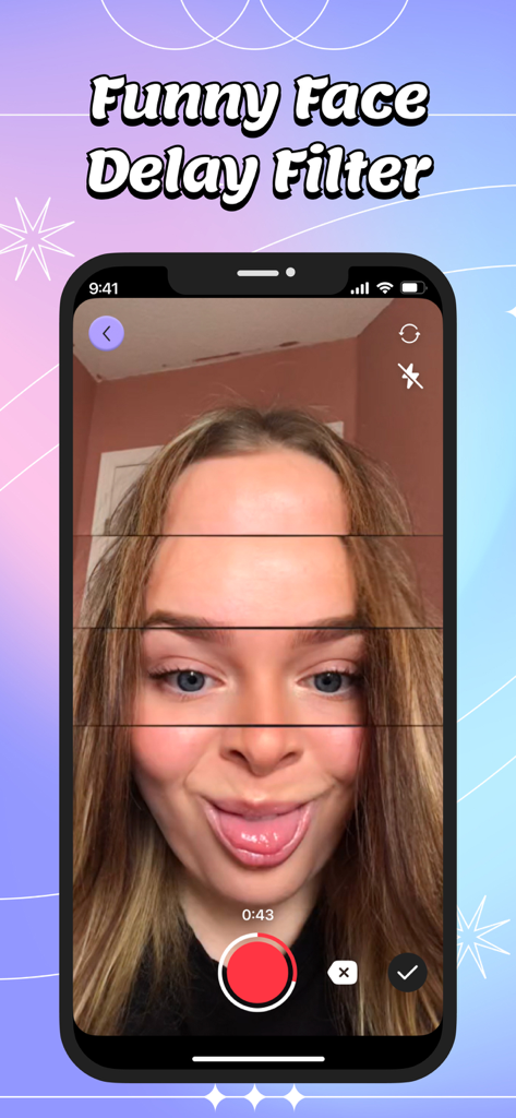 Face Delay - Time Warp Scan - Smartphone screen showing the funny face delay filter distorting a womans face