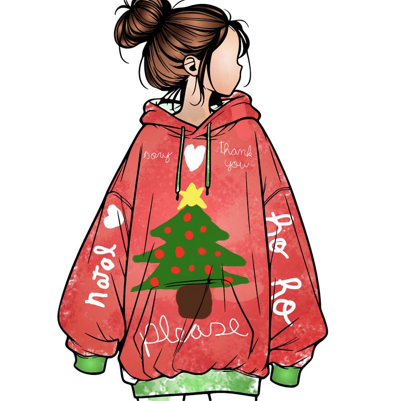 realistic girl with a oversized sweatshirt on and a bun