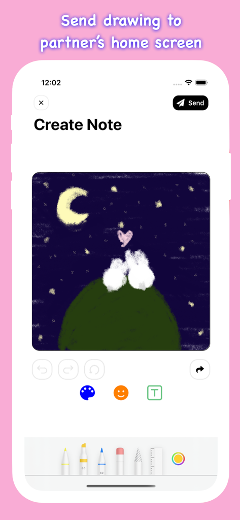 Note Widget - Love Drawing - Mobile app interface showing the creation of a hand drawn note with cute bunnies and drawing tools.