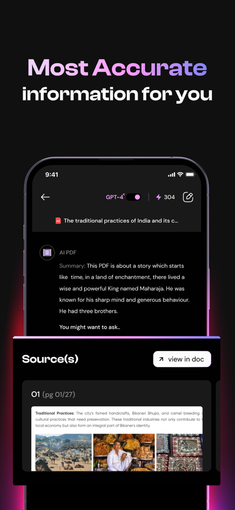 PDF AIアプリがドキュメントを要約し、正確性のための引用元を表示しているスマートフォンの画面。