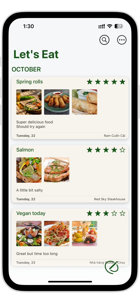 Food Lover Diary - Un diario visual de alimentos que muestra comidas registradas con fotos, calificaciones de estrellas y notas de ubicación.