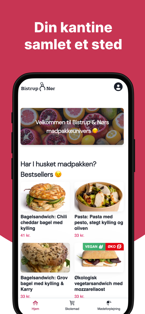 Bistrup & Nør - Bistrup and Nor app interface showing lunch options like sandwiches and pasta.