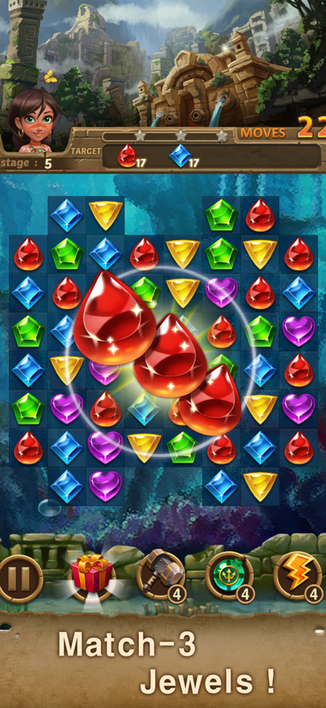 Jugabilidad de puzle match-3 submarino con gemas de colores en Jewels Atlantis.