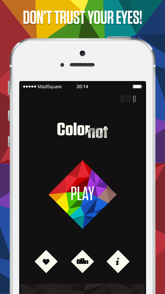 Main menu of the ColorNot brain teaser app showing the play button and colorful geometric graphics.