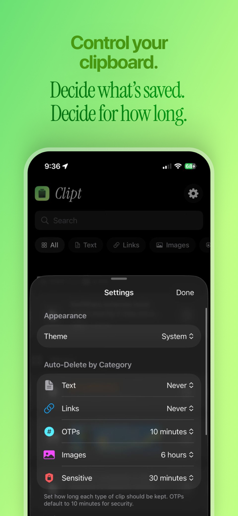 Clipt - Clipboard History - Schermata delle impostazioni dell'app Clipt che mostra opzioni di eliminazione automatica per diverse categorie di appunti come OTP e dati sensibili