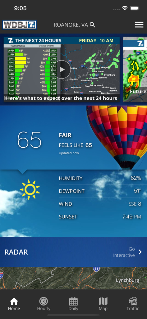 WDBJ7 Weather & Traffic - WDBJ7 Weather and Traffic app home screen showing current fair weather in Roanoke and local radar map