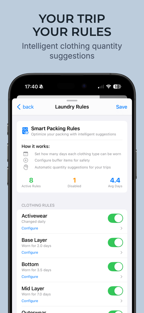 PackNinja: Travel Packing List - PackNinja app interface showing laundry rules and intelligent clothing quantity suggestions