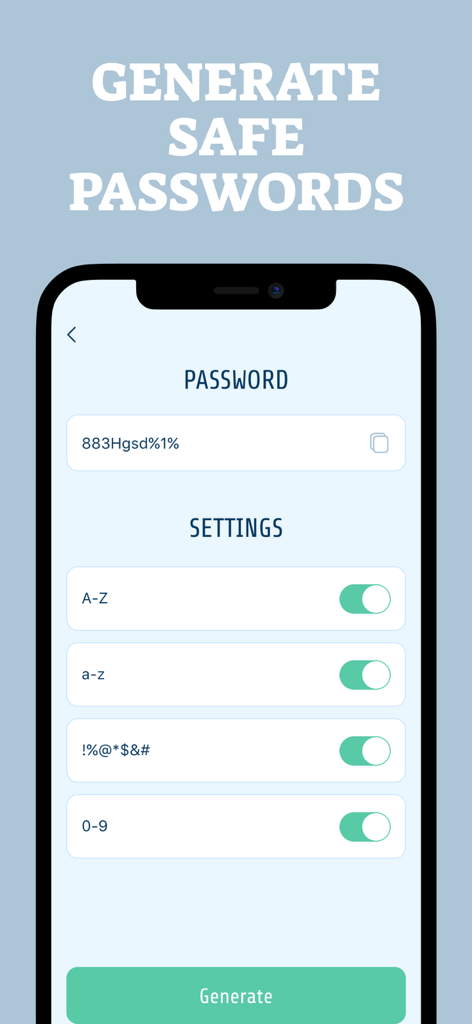 DataDefender: Keep your data - Interfaz de la aplicación DataDefender que muestra la herramienta segura de generación de contraseñas con ajustes de caracteres y un botón de generar