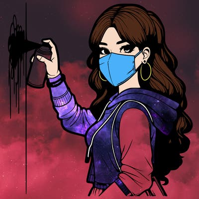 realistic girl with mask spray painting a wall