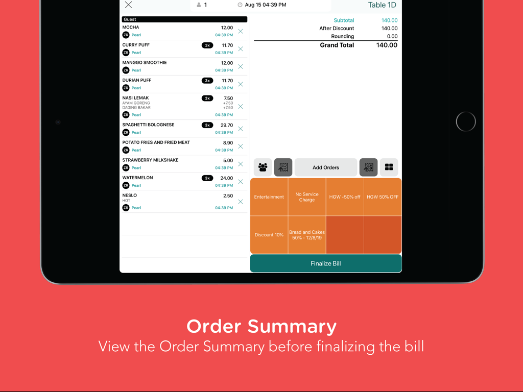 Slurp Waiter - Order summary screen on the Slurp Waiter iPad app showing bill details and menu items