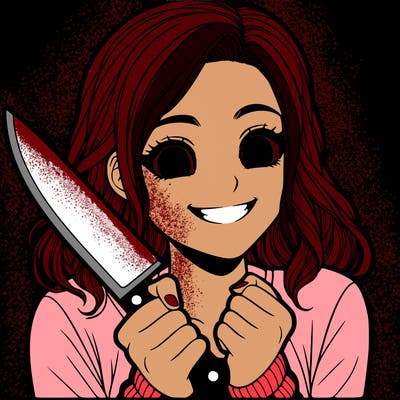 a realistic girl holding a knife and grinning