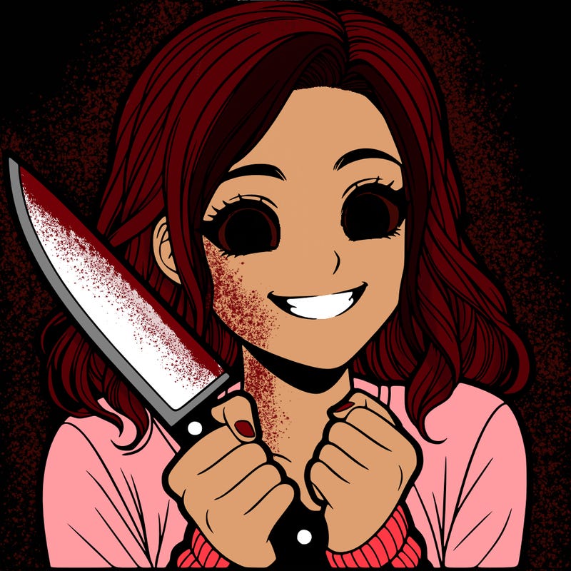 a realistic girl holding a knife and grinning