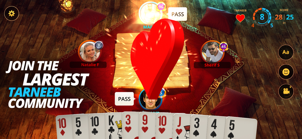 Tarneeb Masters - لعبة طرنيب - Gameplay screen of Tarneeb Masters card game featuring online multiplayer mode and a traditional Jalsa atmosphere
