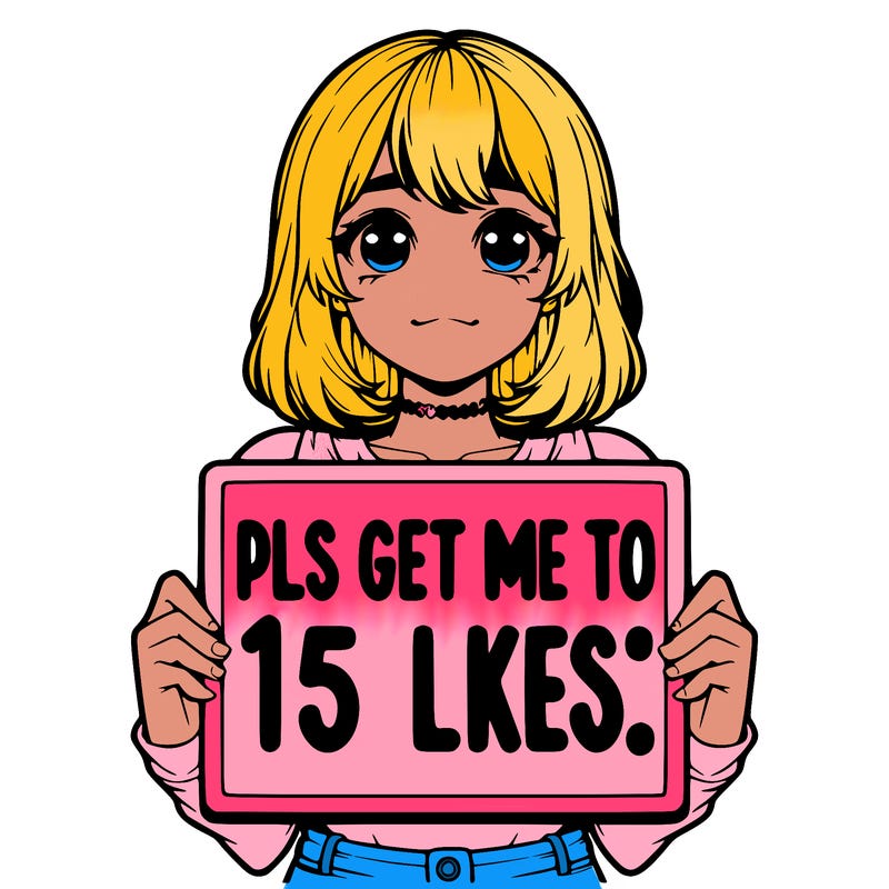realistic girl holding up a sign that says “pls get me to 15 likes!”
