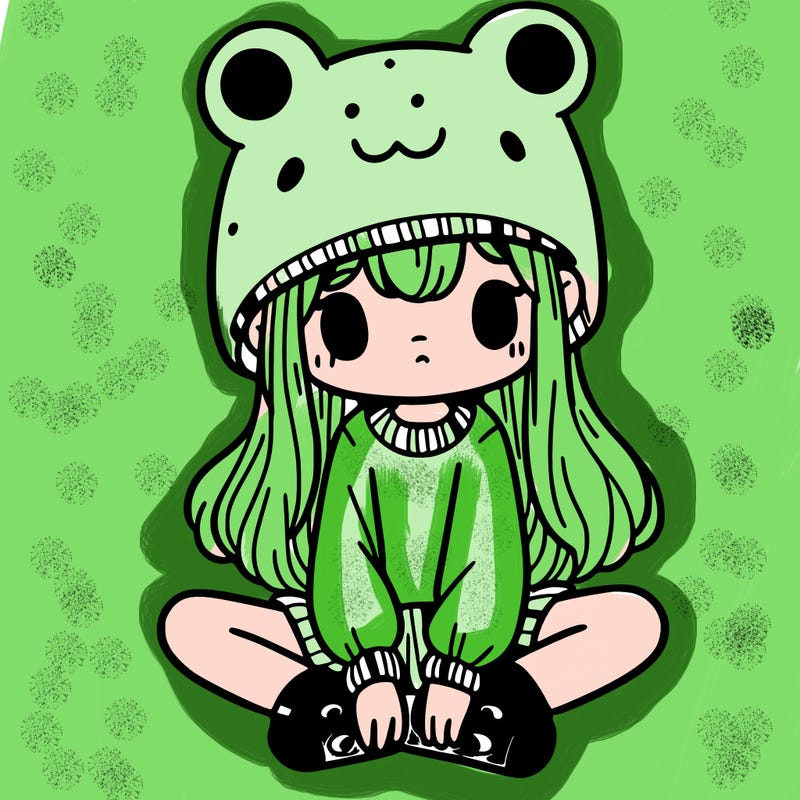 a girl wearing a frog hat and some frog socks