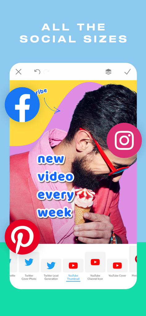 Interface de l'application PicMonkey montrant des modèles de taille pour les réseaux sociaux YouTube, Twitter, Facebook et Instagram