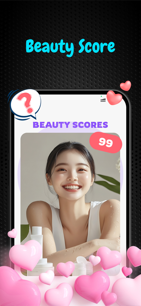 Test Lie Detector for Prank - A mobile app screenshot showing a Beauty Score prank result of 99 for a smiling woman surrounded by pink hearts.