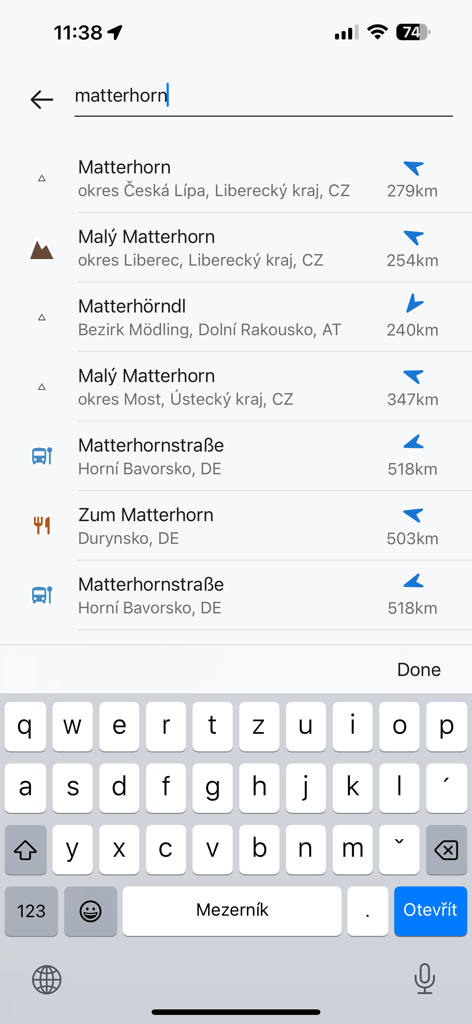 Locus Map Lite - Locus Map Lite app search screen showing global points of interest for Matterhorn with distances