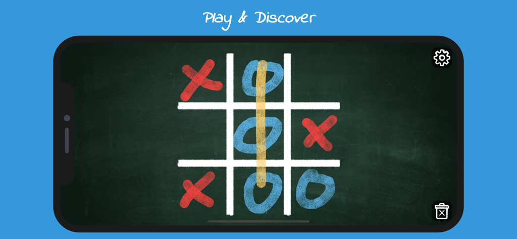 A tic-tac-toe game drawn with colorful chalk on a digital chalkboard interface