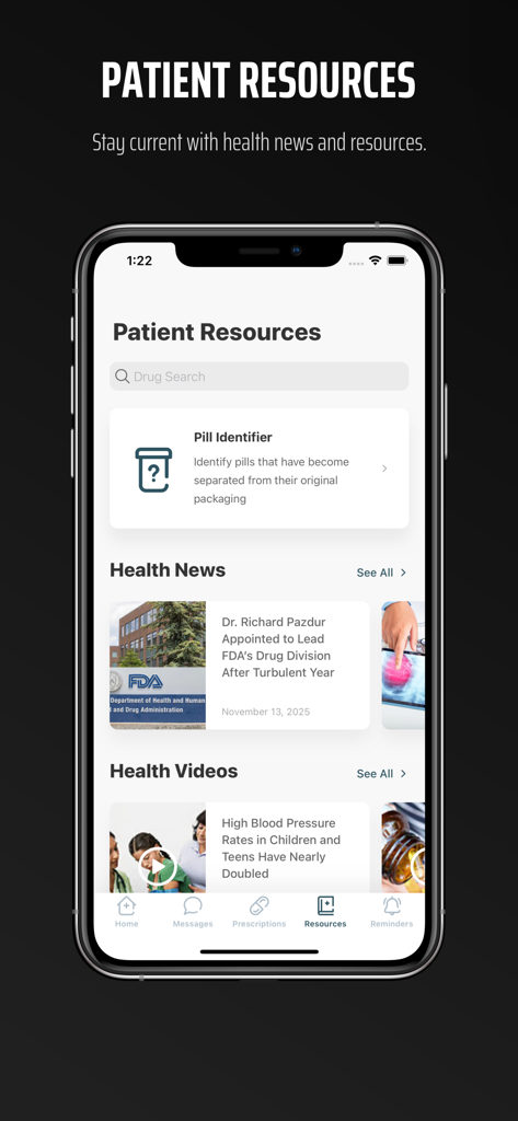 Tela de recursos para pacientes da Sav-Mor Drugs Pharmacy com identificador de pílulas e notícias de saúde
