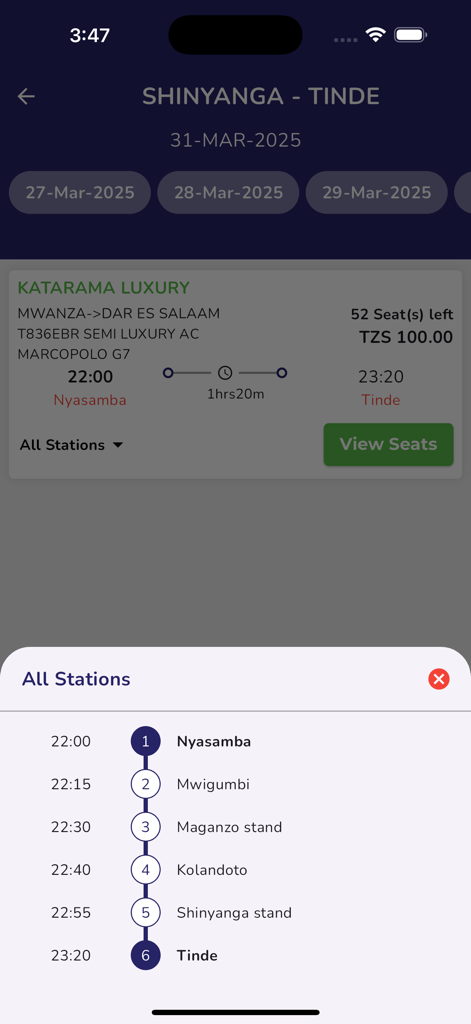 Mobile app screen showing a list of bus stops and scheduled times for a luxury coach route in Tanzania.
