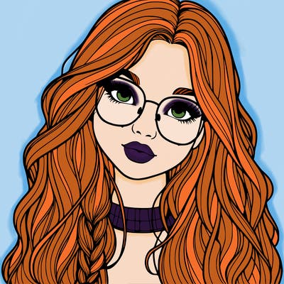 girl with long hair and freckles and glasses realistic