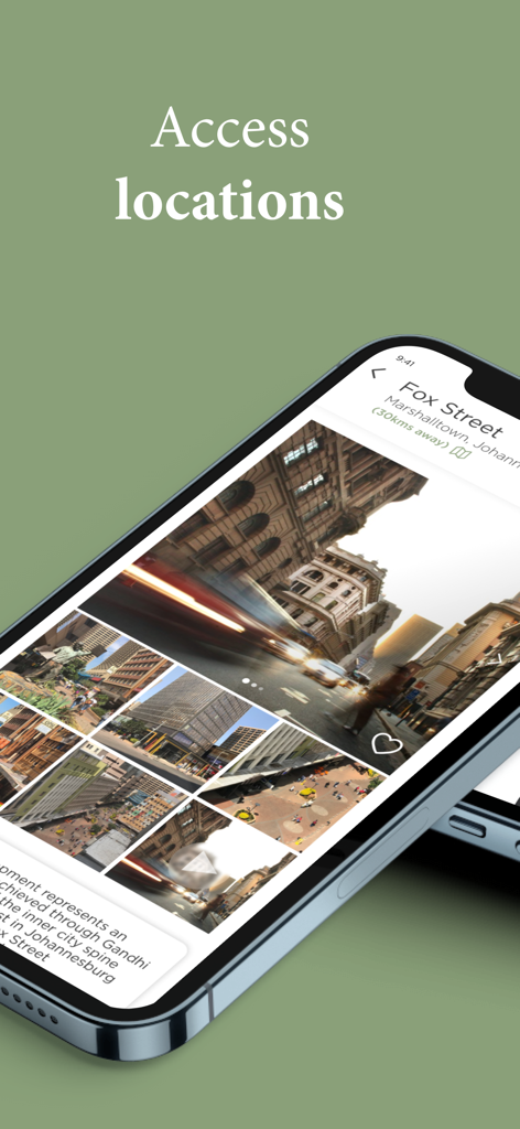 Filmset App-Oberfläche auf einem Smartphone, die Fotos von städtischen Locations und den Text Zugriff auf Locations zeigt